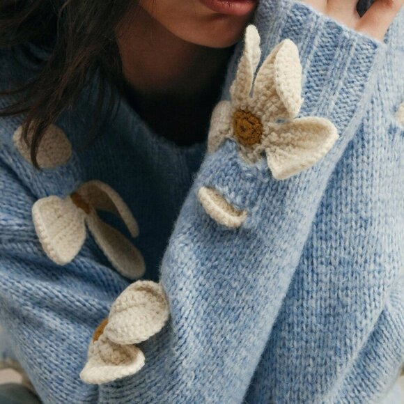 Blue Casual Women's Hand Crochet 3d Floral Decor Soft Round Neck Knitted Sweater - Picture 3 of 8